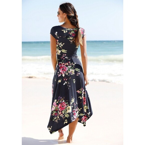 Venus Lascana Dress Medium Floral Handkerchief Hem Tie Waist Tropical Resort - Picture 3 of 11